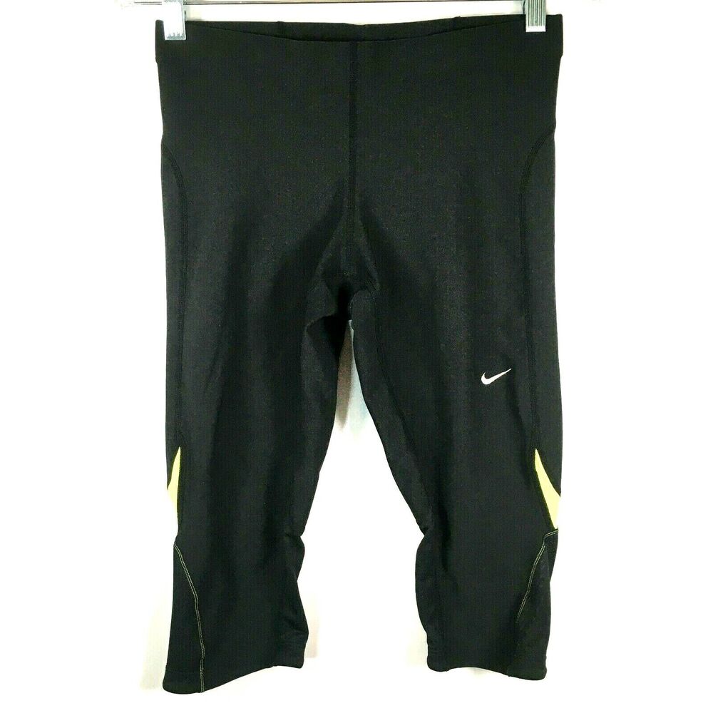 Nike Leggings Womens Sz S 4 6 Fit Dry Black Yellow Athletic Capri Pants Workout